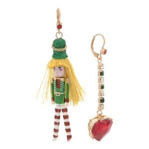 Betsey Johnson Earrings Mismatched Gold Tone Green Nutcracker Girl Red Heart